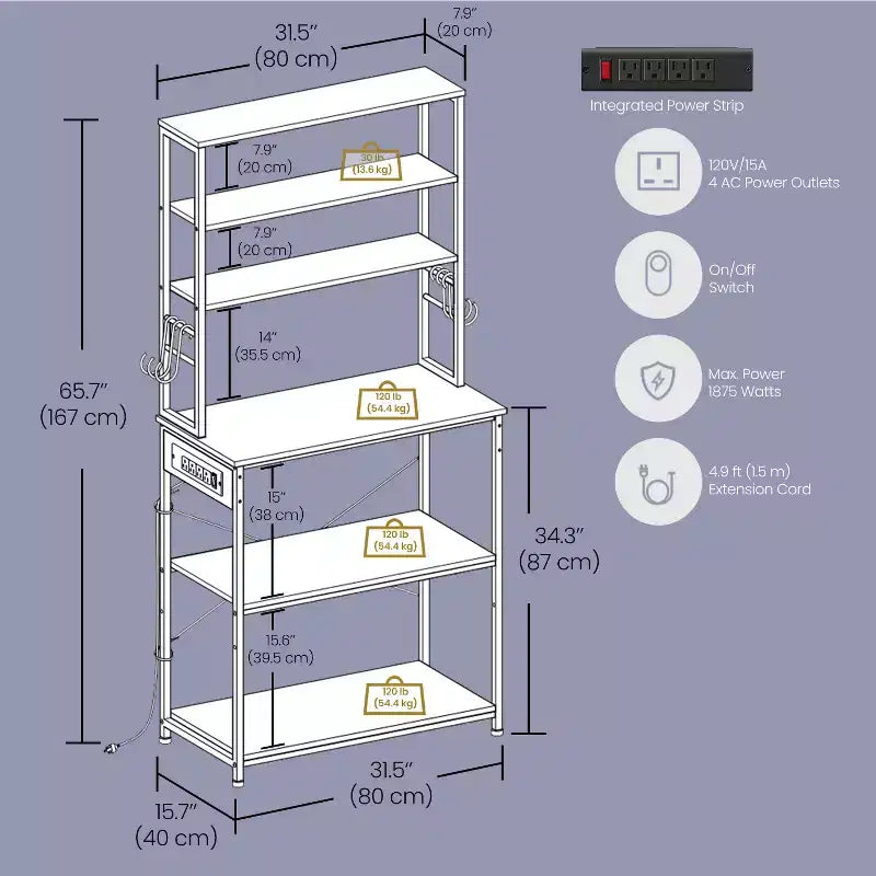 Étagère de boulanger à 6 niveaux avec prise de courant, 80 cm de large, desserte de café pour la cuisine, support de micro-ondes - Organisez avec style
