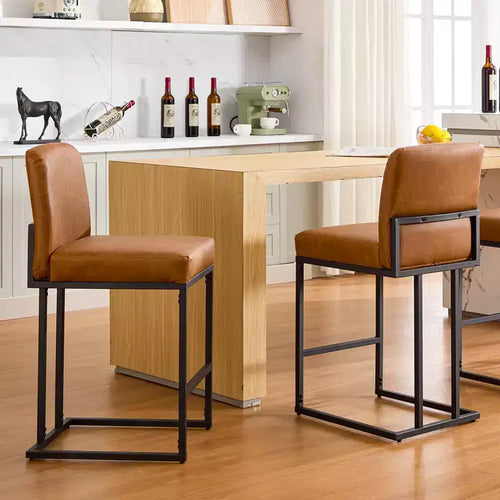 24 Bar Stools, Counter Height Bar Stools with Back, Modern PU Leather Barstools for Kitchen Island, Upholstered Bar Chair with Metal Frame Footrest