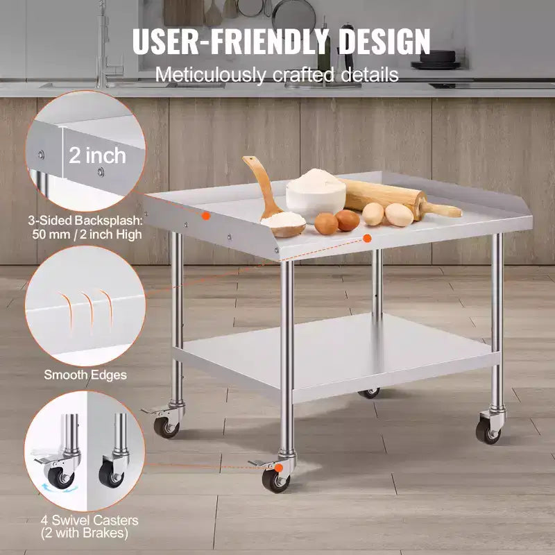 Table de travail en acier inoxydable, 30x36x30 pouces, table de préparation commerciale avec 4 roues, roulettes, et dosseret 3 côtés, table de préparation robuste