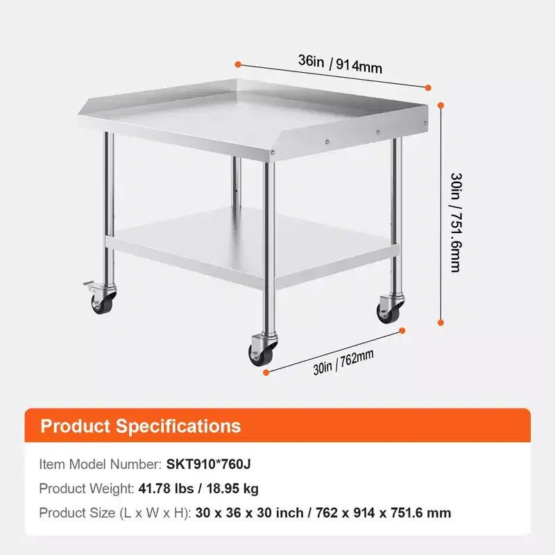 Table de travail en acier inoxydable, 30x36x30 pouces, table de préparation commerciale avec 4 roues, roulettes, et dosseret 3 côtés, table de préparation robuste