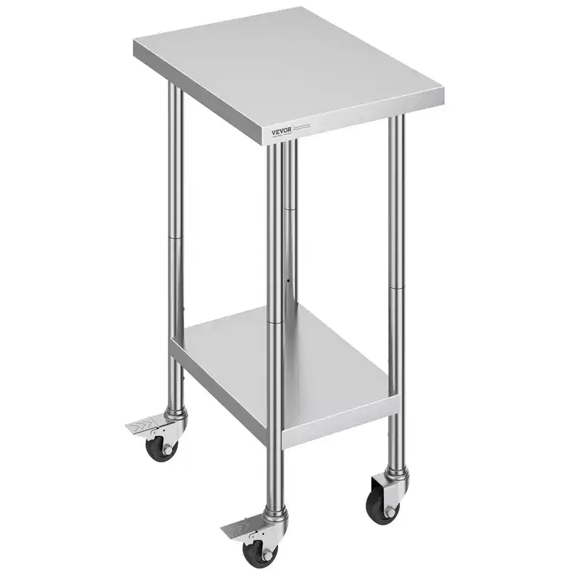 VEVOR Stainless Steel Work Table 24 x 18 x 38 Inch, with 4 Wheels, 3 Adjustable Height Levels, Heavy Duty Food Prep Worktable, Silver