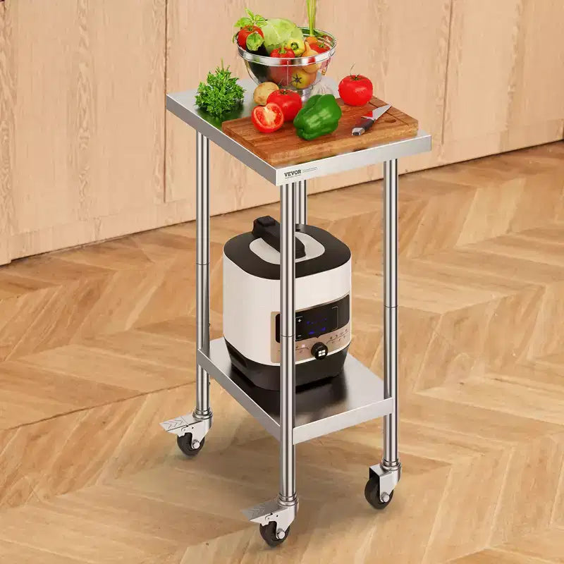 Table de Travail en Acier Inoxydable 24 x 18 x 38 Pouces, avec 4 Roues, 3 Niveaux de Hauteur Réglables, Table de Préparation Culinaire Robuste, Argenté
