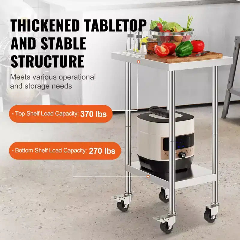 Table de Travail en Acier Inoxydable 24 x 18 x 38 Pouces, avec 4 Roues, 3 Niveaux de Hauteur Réglables, Table de Préparation Culinaire Robuste, Argenté