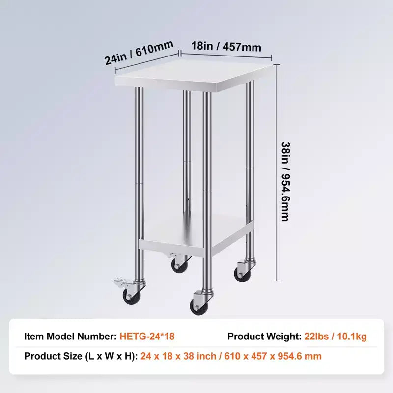 Table de Travail en Acier Inoxydable 24 x 18 x 38 Pouces, avec 4 Roues, 3 Niveaux de Hauteur Réglables, Table de Préparation Culinaire Robuste, Argenté