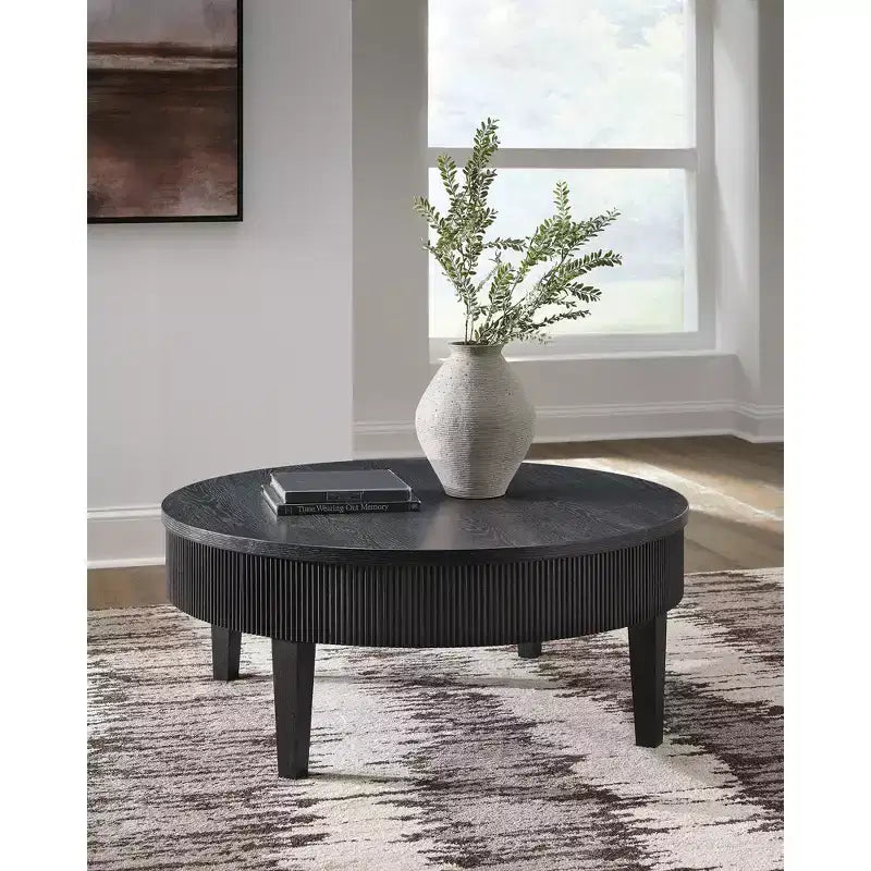 Table Basse Ronde avec Tiroirs de Rangement, Style Ferme Moderne, Noire
