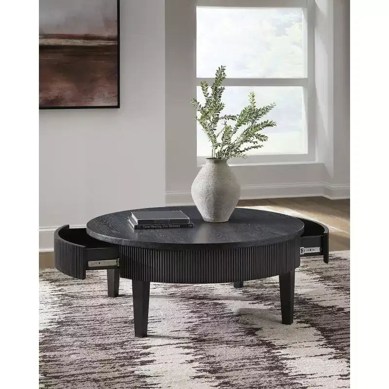 Table Basse Ronde avec Tiroirs de Rangement, Style Ferme Moderne, Noire