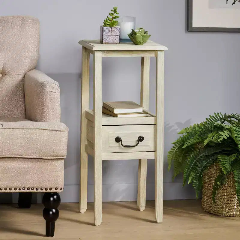 Table d'appoint Declan contemporaine en bois d'hévéa avec tiroir