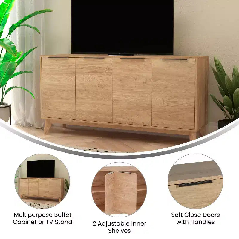 Buffet TV 4 portes de style milieu de siècle avec étagères