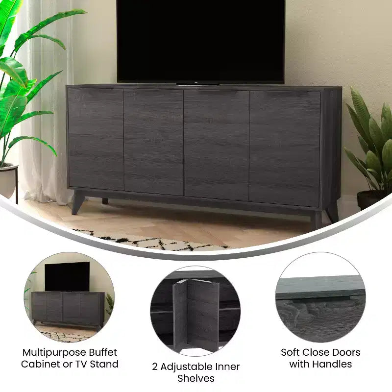 Buffet TV 4 portes de style milieu de siècle avec étagères