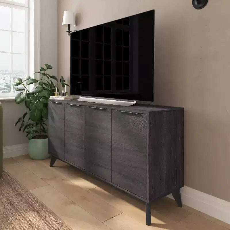 Buffet TV 4 portes de style milieu de siècle avec étagères