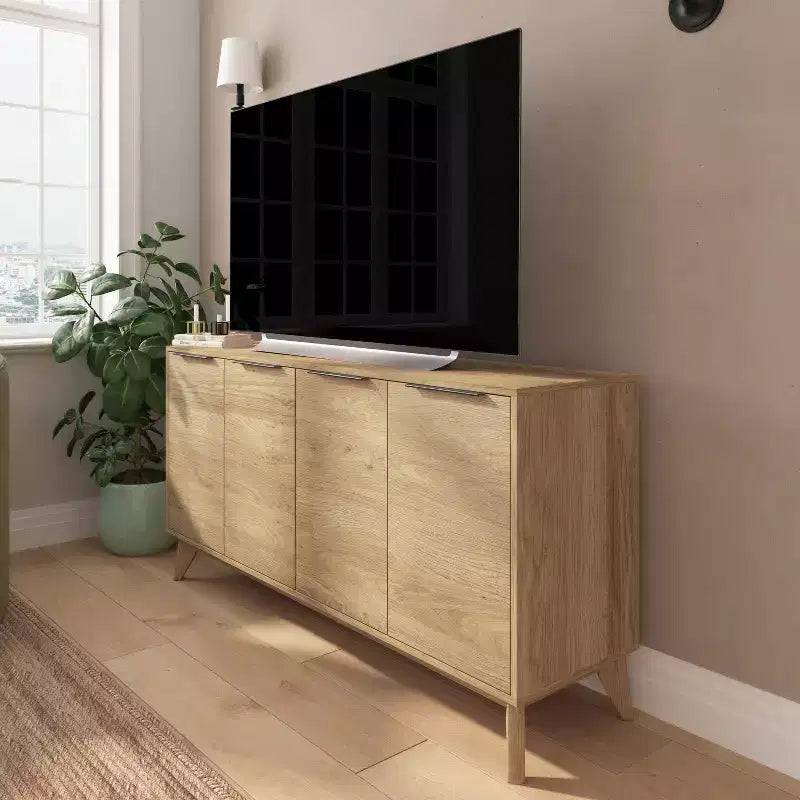Merrick Lane Mid-Century Modern Four Door Buffet, TV Stand with Shelving