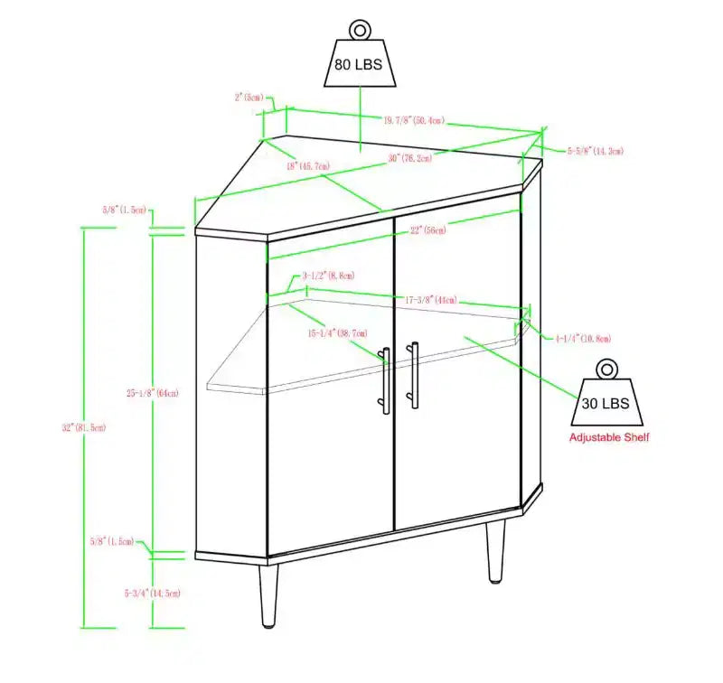Meuble d'angle d'appoint moderne en bois à 2 portes, format triangulaire de 30 pouces