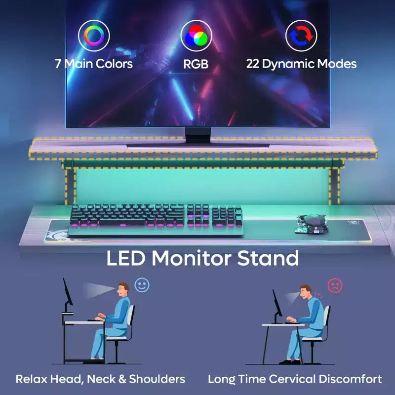 Bureau gaming en forme de L réversible de 42 pouces avec support d'écran, lumières LED, crochet pour casque et étagères de rangement, bureau de télétravail