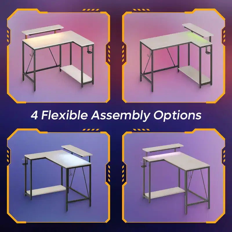 Bureau gaming en forme de L réversible de 42 pouces avec support d'écran, lumières LED, crochet pour casque et étagères de rangement, bureau de télétravail