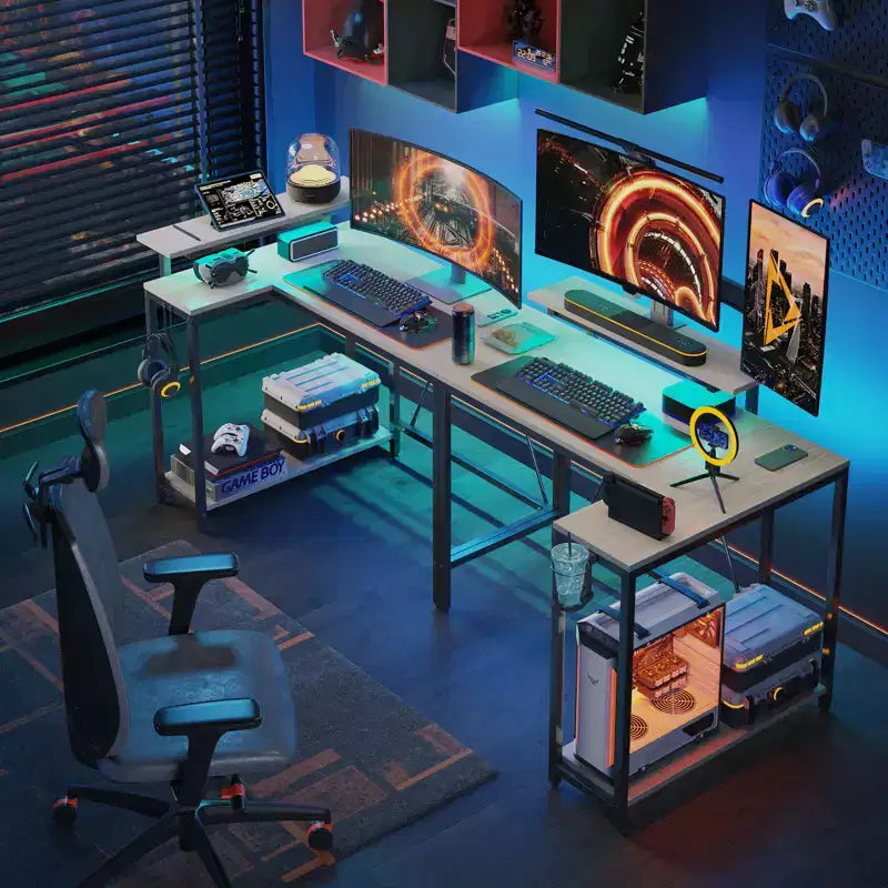 Bureau gaming en forme de L réversible de 42 pouces avec support d'écran, lumières LED, crochet pour casque et étagères de rangement, bureau de télétravail