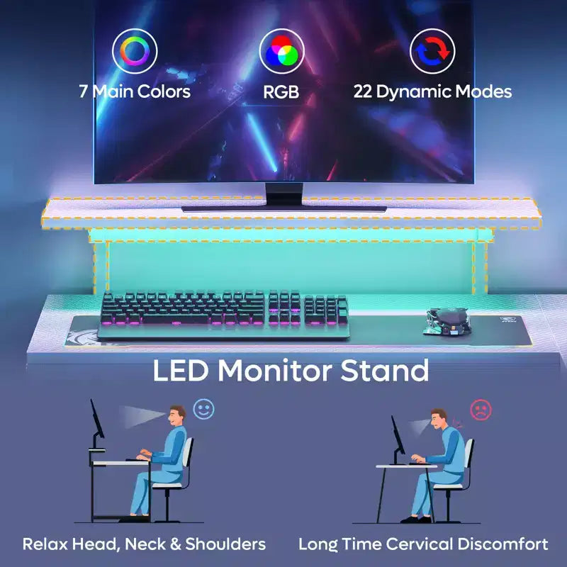 Bureau gaming en forme de L réversible de 42 pouces avec support d'écran, lumières LED, crochet pour casque et étagères de rangement, bureau de télétravail