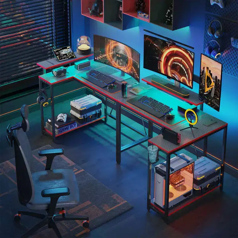 Bureau gaming en forme de L réversible de 42 pouces avec support d'écran, lumières LED, crochet pour casque et étagères de rangement, bureau de télétravail