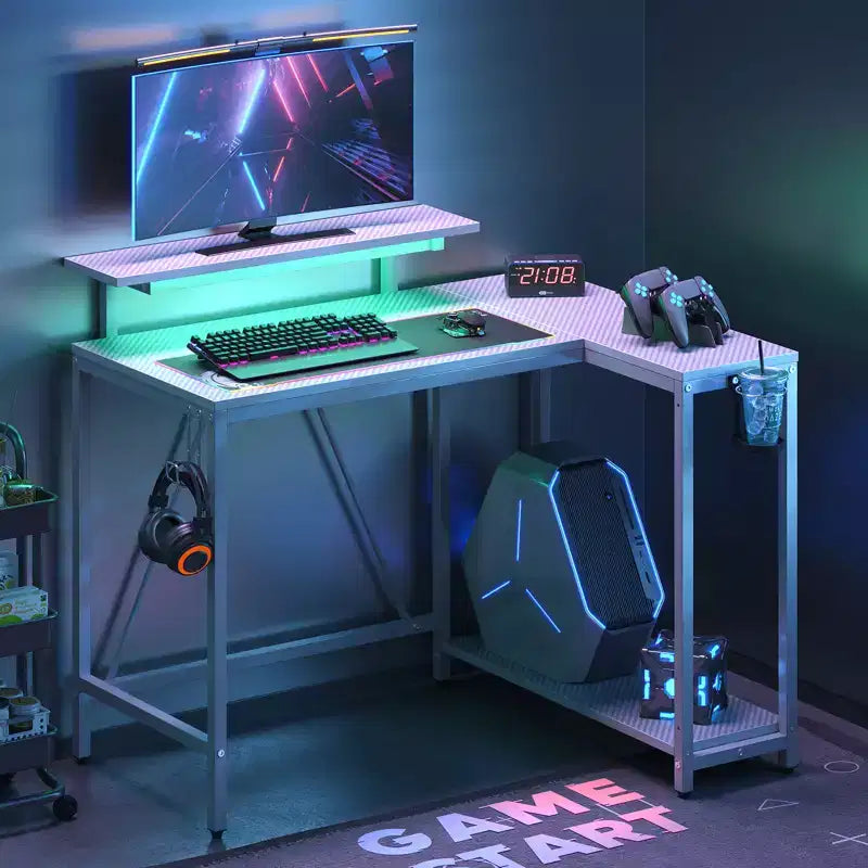 Bureau gaming en forme de L réversible de 42 pouces avec support d'écran, lumières LED, crochet pour casque et étagères de rangement, bureau de télétravail