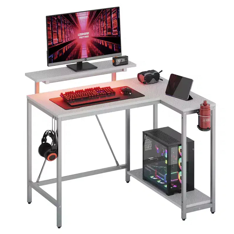 Bureau gaming en forme de L réversible de 42 pouces avec support d'écran, lumières LED, crochet pour casque et étagères de rangement, bureau de télétravail