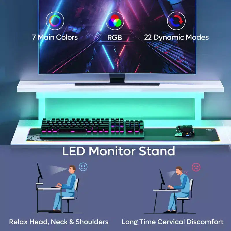 Bureau gaming en forme de L réversible de 42 pouces avec support d'écran, lumières LED, crochet pour casque et étagères de rangement, bureau de télétravail