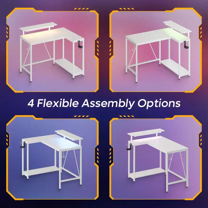 Bureau gaming en forme de L réversible de 42 pouces avec support d'écran, lumières LED, crochet pour casque et étagères de rangement, bureau de télétravail