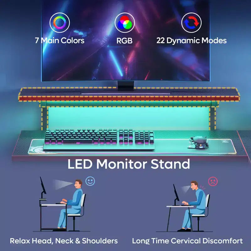 Bureau gaming en forme de L réversible de 42 pouces avec support d'écran, lumières LED, crochet pour casque et étagères de rangement, bureau de télétravail