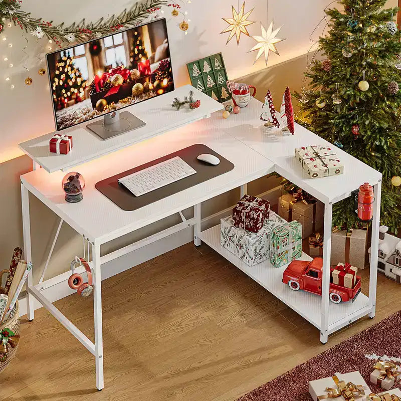 Bureau gaming en forme de L réversible de 42 pouces avec support d'écran, lumières LED, crochet pour casque et étagères de rangement, bureau de télétravail