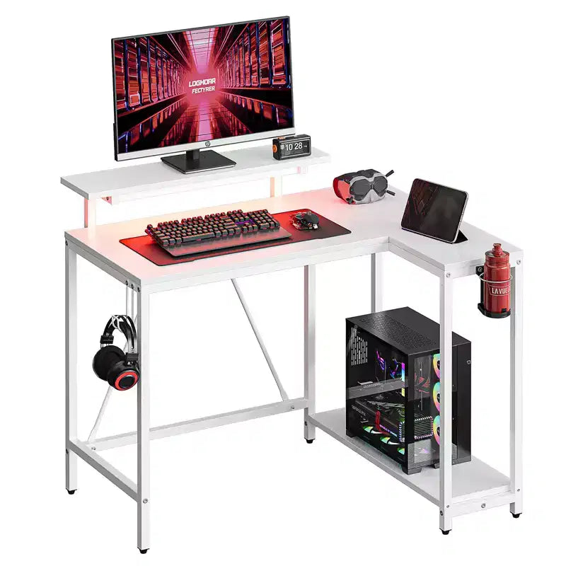 Bureau gaming en forme de L réversible de 42 pouces avec support d'écran, lumières LED, crochet pour casque et étagères de rangement, bureau de télétravail