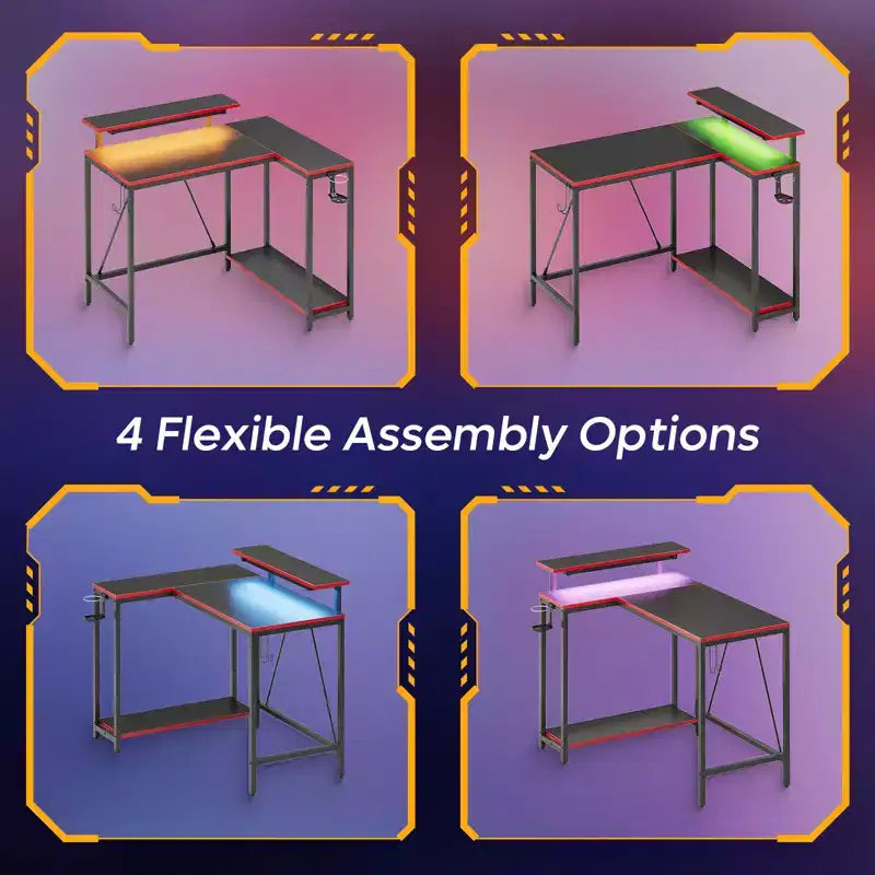 Bureau gaming en forme de L réversible de 42 pouces avec support d'écran, lumières LED, crochet pour casque et étagères de rangement, bureau de télétravail