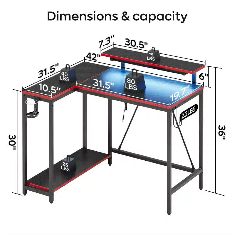 Bureau gaming en forme de L réversible de 42 pouces avec support d'écran, lumières LED, crochet pour casque et étagères de rangement, bureau de télétravail