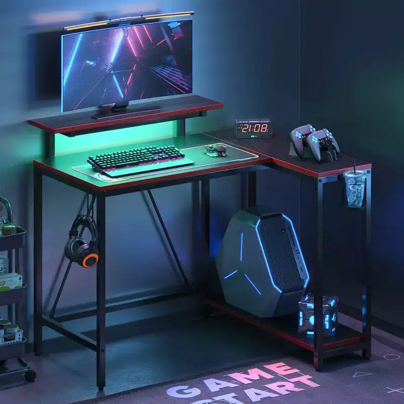 Bureau gaming en forme de L réversible de 42 pouces avec support d'écran, lumières LED, crochet pour casque et étagères de rangement, bureau de télétravail