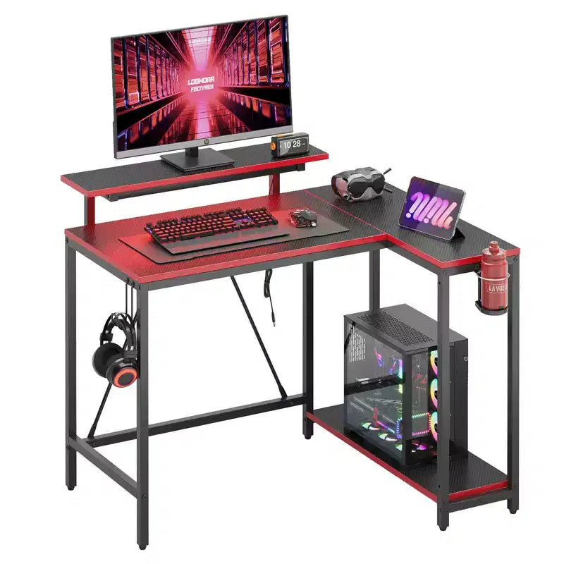 Bureau gaming en forme de L réversible de 42 pouces avec support d'écran, lumières LED, crochet pour casque et étagères de rangement, bureau de télétravail