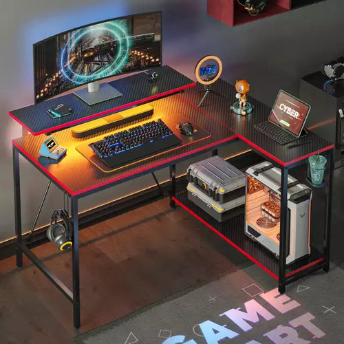 Pinmoco 42 Reversible L-Shaped Gaming Desk with Monitor Stand, LED Lights, Headphone Hook & Storage Shelves, Home Office Desk