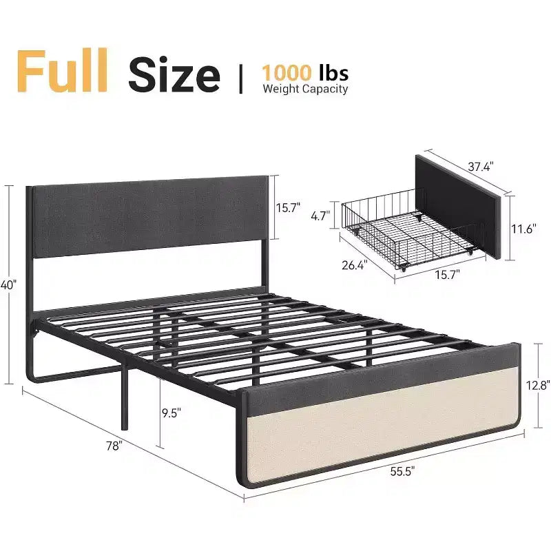 Cadre de lit double, plateforme rembourrée en lin, tête de lit et 2 tiroirs de rangement, lattes métalliques solides, matelas silencieux, aucun sommier tapissier requis, gris