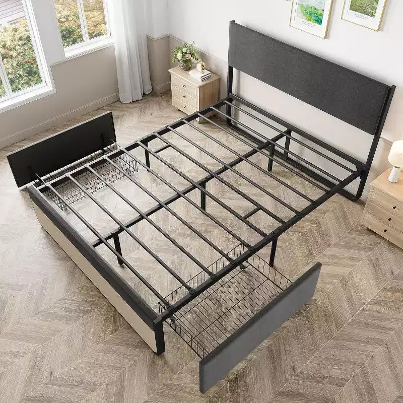 Cadre de lit double, plateforme rembourrée en lin, tête de lit et 2 tiroirs de rangement, lattes métalliques solides, matelas silencieux, aucun sommier tapissier requis, gris