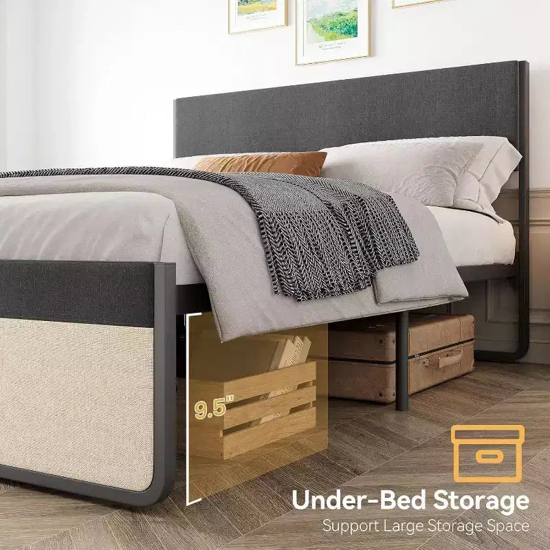 Cadre de lit double, plateforme rembourrée en lin, tête de lit et 2 tiroirs de rangement, lattes métalliques solides, matelas silencieux, aucun sommier tapissier requis, gris