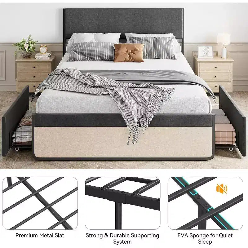 Cadre de lit double, plateforme rembourrée en lin, tête de lit et 2 tiroirs de rangement, lattes métalliques solides, matelas silencieux, aucun sommier tapissier requis, gris