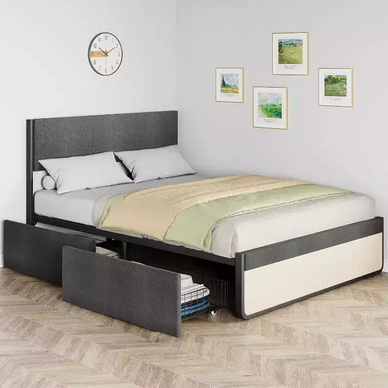 Cadre de lit double, plateforme rembourrée en lin, tête de lit et 2 tiroirs de rangement, lattes métalliques solides, matelas silencieux, aucun sommier tapissier requis, gris