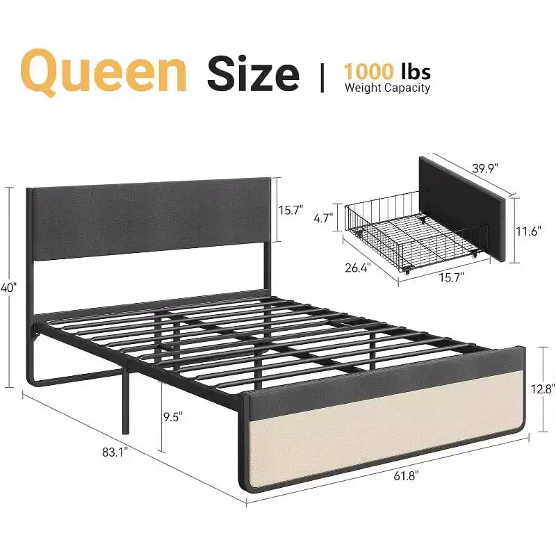 Cadre de lit double, plateforme rembourrée en lin, tête de lit et 2 tiroirs de rangement, lattes métalliques solides, matelas silencieux, aucun sommier tapissier requis, gris
