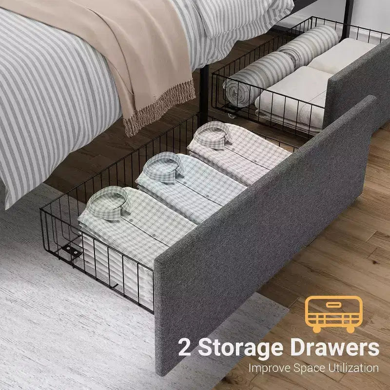 Cadre de lit double, plateforme rembourrée en lin, tête de lit et 2 tiroirs de rangement, lattes métalliques solides, matelas silencieux, aucun sommier tapissier requis, gris