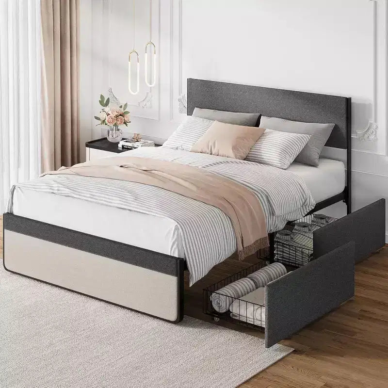 Full Bed Frame, Linen Upholstered Platform, Headboard and 2 Storage Drawers, Strong Metal Slats, Noise Free Mattress, No Box Spring Needed, Grey