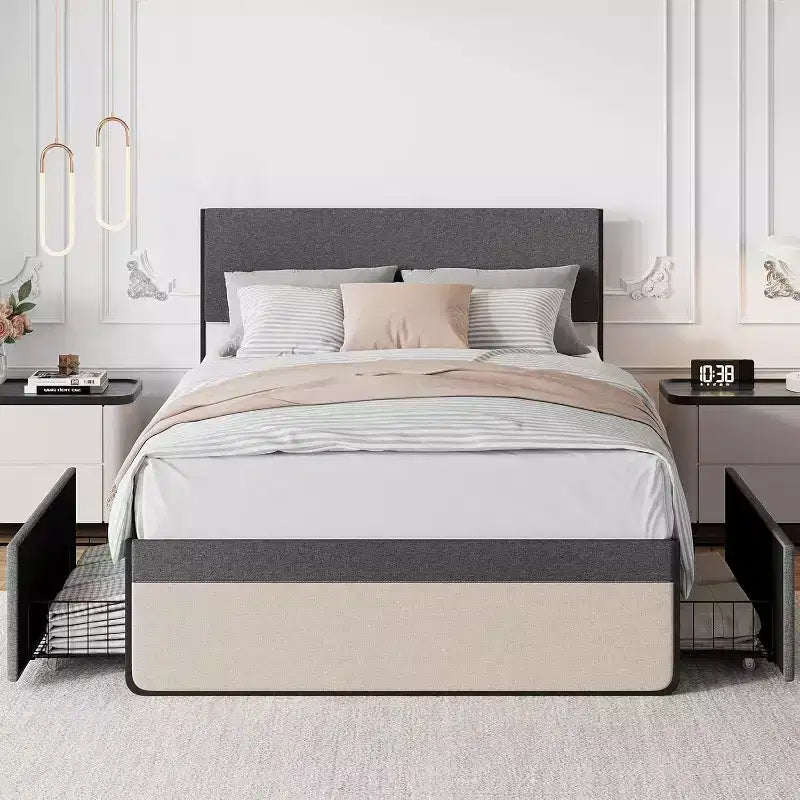 Cadre de lit double, plateforme rembourrée en lin, tête de lit et 2 tiroirs de rangement, lattes métalliques solides, matelas silencieux, aucun sommier tapissier requis, gris