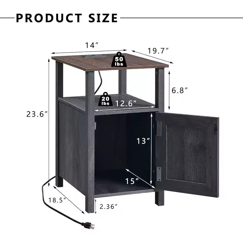 Ensemble de 2 tables de chevet de ferme avec station de recharge, tables d'appoint en bois avec porte coulissante et étagères ouvertes pour chambre à coucher, salon