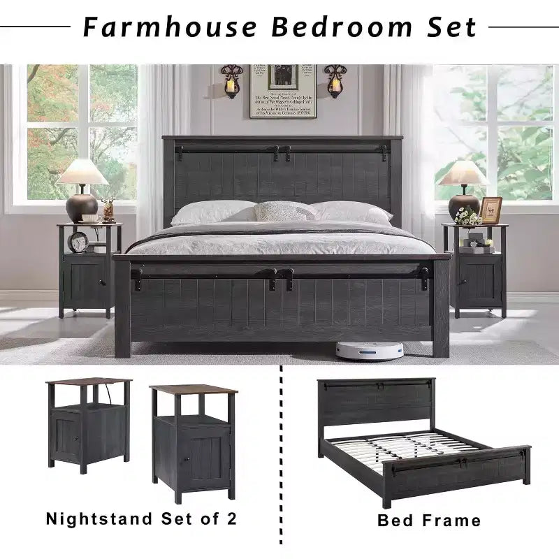 Ensemble de 2 tables de chevet de ferme avec station de recharge, tables d'appoint en bois avec porte coulissante et étagères ouvertes pour chambre à coucher, salon
