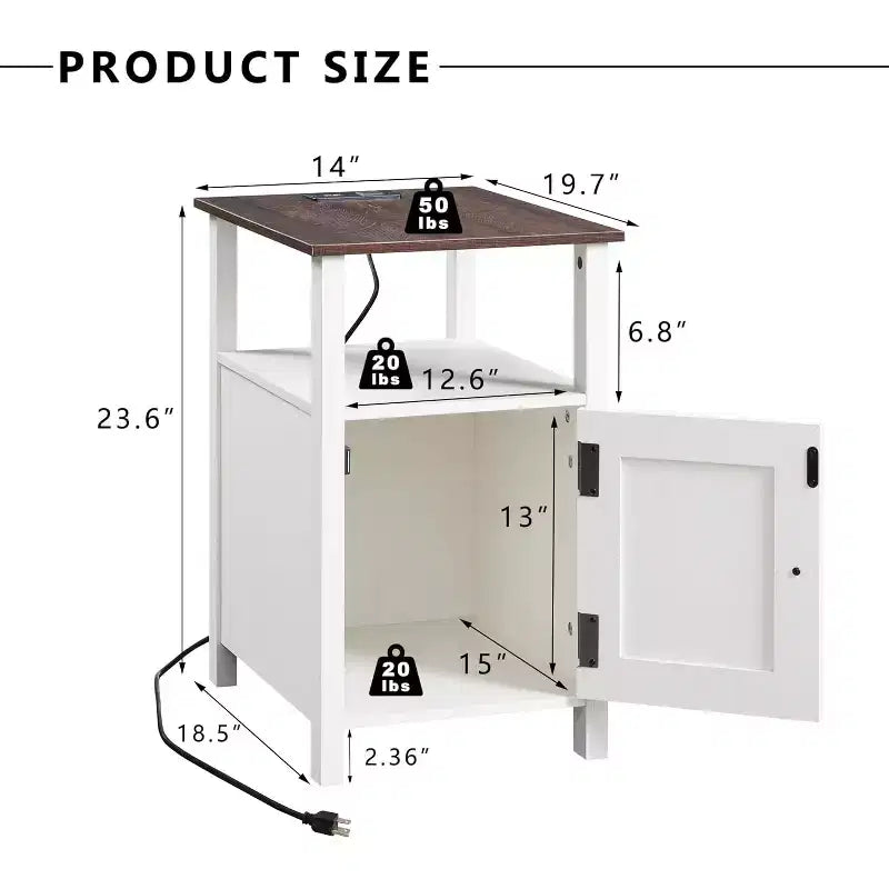 Ensemble de 2 tables de chevet de ferme avec station de recharge, tables d'appoint en bois avec porte coulissante et étagères ouvertes pour chambre à coucher, salon