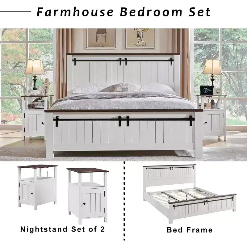 Ensemble de 2 tables de chevet de ferme avec station de recharge, tables d'appoint en bois avec porte coulissante et étagères ouvertes pour chambre à coucher, salon