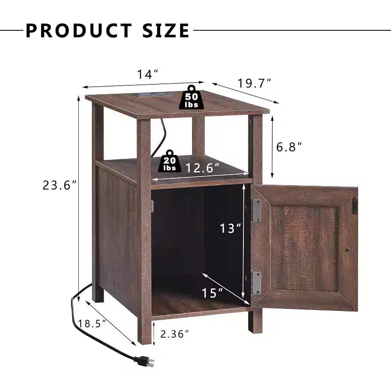 Ensemble de 2 tables de chevet de ferme avec station de recharge, tables d'appoint en bois avec porte coulissante et étagères ouvertes pour chambre à coucher, salon