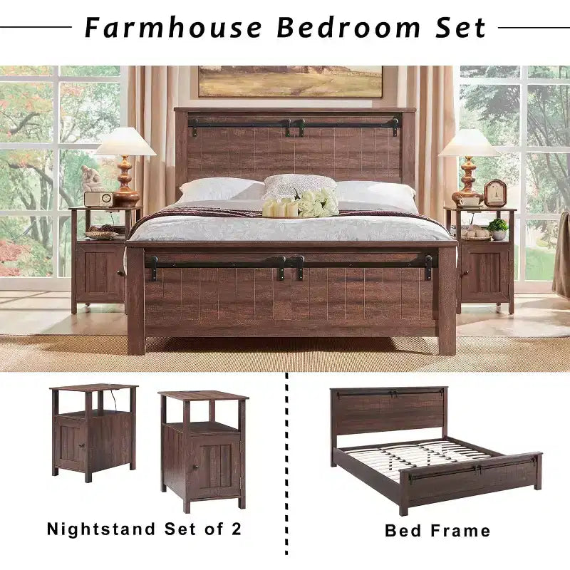 Ensemble de 2 tables de chevet de ferme avec station de recharge, tables d'appoint en bois avec porte coulissante et étagères ouvertes pour chambre à coucher, salon