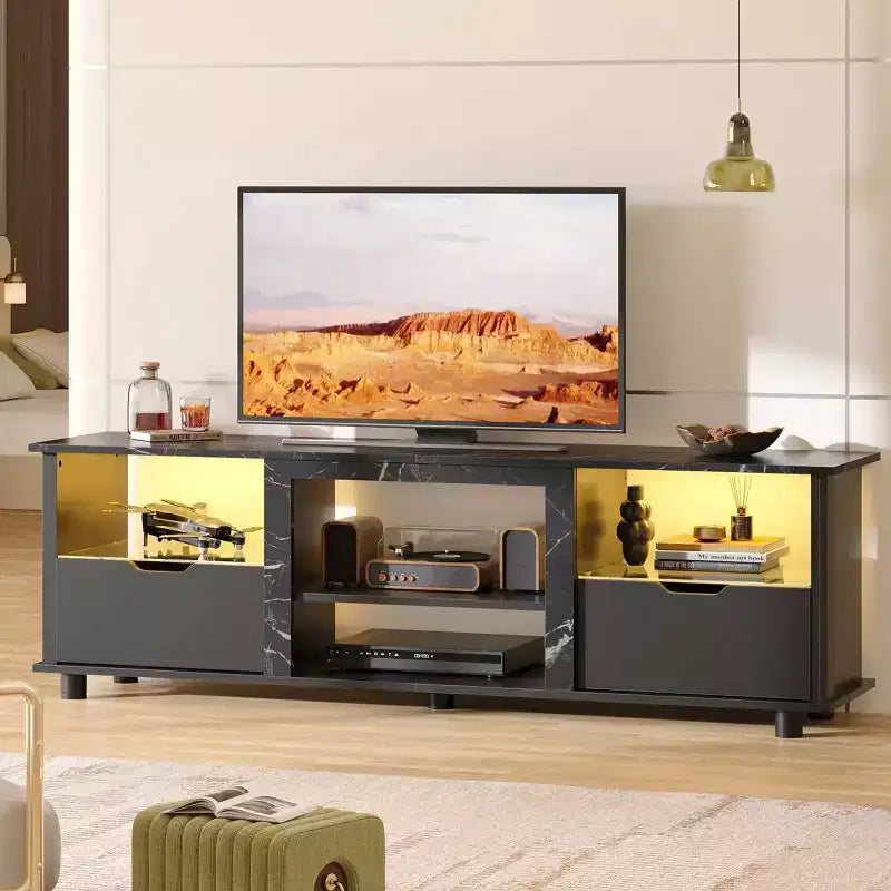 Meuble TV 70 pouces avec lumières LED, meuble de divertissement pour téléviseurs jusqu'à 75 pouces, console TV avec tiroirs et étagères réglables