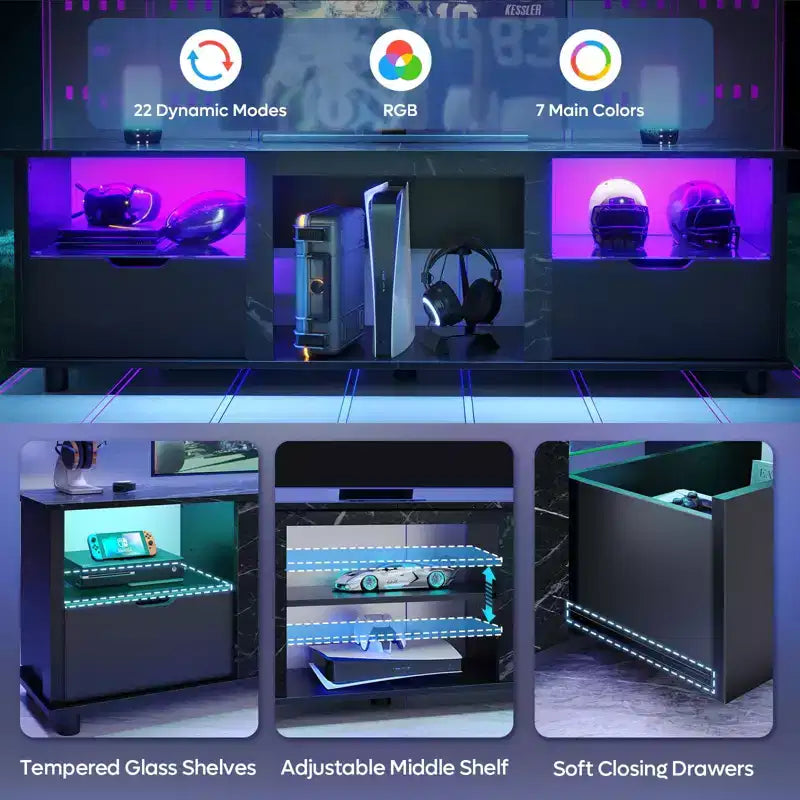 Meuble TV 70 pouces avec lumières LED, meuble de divertissement pour téléviseurs jusqu'à 75 pouces, console TV avec tiroirs et étagères réglables